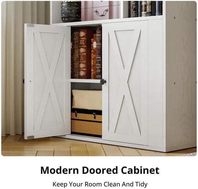 Alt view image 4 of 6 - Book Shelf, Tall Bookshelf with Storage, Bookshelves and Bookcases with Doors, 4-Tier Bookcase with 8 Open Cubes for Living Room, Office, Study, White