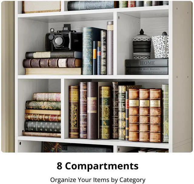 Alt view image 5 of 6 - Book Shelf, Tall Bookshelf with Storage, Bookshelves and Bookcases with Doors, 4-Tier Bookcase with 8 Open Cubes for Living Room, Office, Study, White
