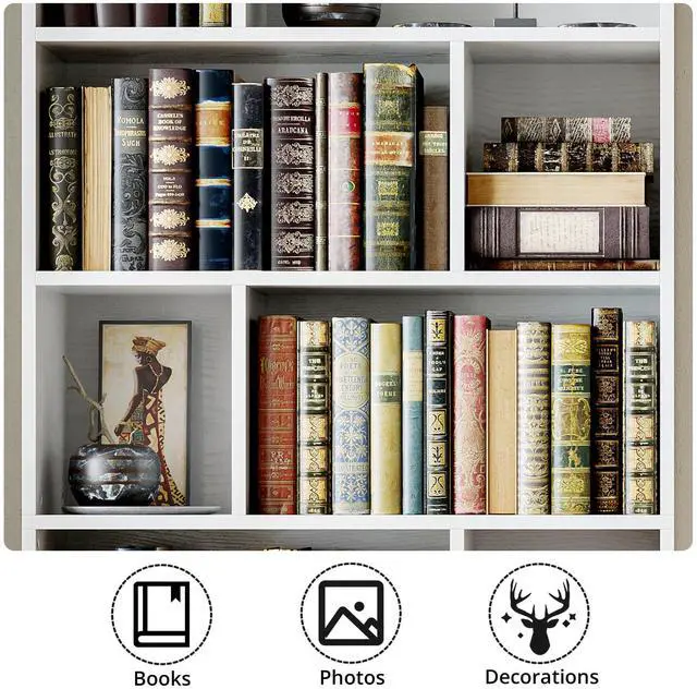 Alt view image 6 of 6 - Book Shelf, Tall Bookshelf with Storage, Bookshelves and Bookcases with Doors, 4-Tier Bookcase with 8 Open Cubes for Living Room, Office, Study, White