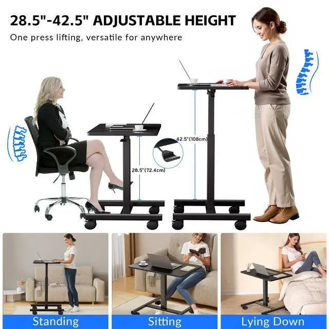 Alt view image 3 of 6 - Mobile Laptop Standing Desk Adjustable Height, Small Mobile Desk Workstation with Wheels, Portable Rolling Computer Desk Cart for Home Office Classroom (Black)