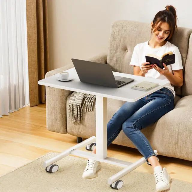 Alt view image 2 of 6 - Mobile Laptop Standing Desk Adjustable Height, Small Mobile Desk Workstation with Wheels, Portable Rolling Computer Desk Cart for Home Office Classroom (White)