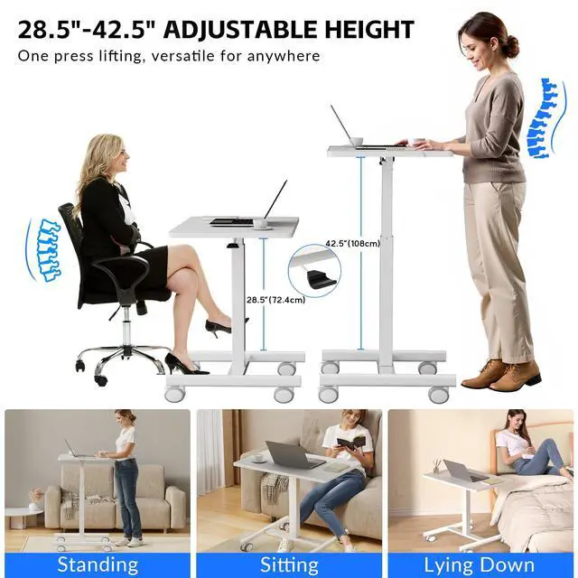 Alt view image 3 of 6 - Mobile Laptop Standing Desk Adjustable Height, Small Mobile Desk Workstation with Wheels, Portable Rolling Computer Desk Cart for Home Office Classroom (White)