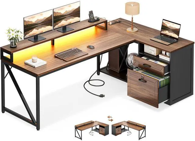 Main image of L Shaped Desk with Wooden Drawers & Locking File Cabinet, 61 Inch Large Executive Desk with Power Outlet, Led Computer Desk with Storage, Corner Office desk with Monitor Stand & CPU Stand, Walnut