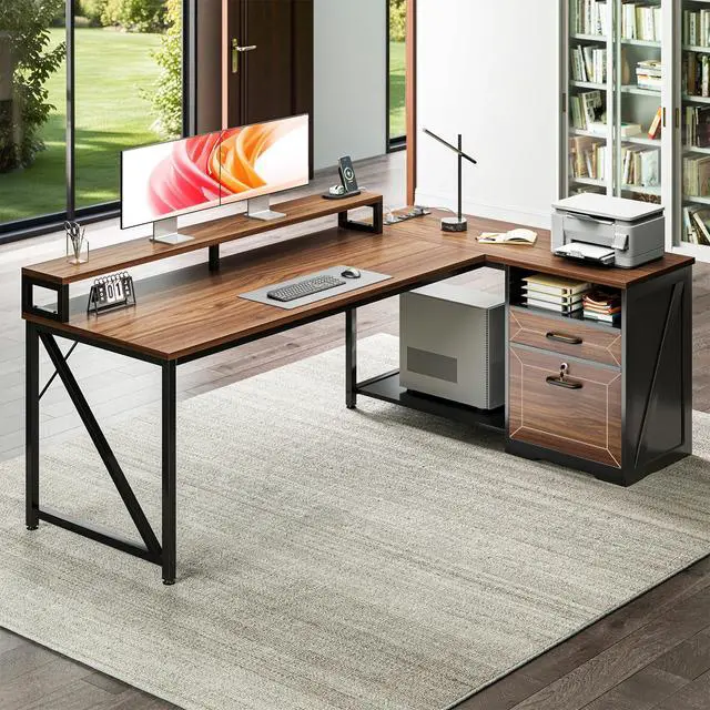 Alt view image 2 of 6 - L Shaped Desk with Wooden Drawers & Locking File Cabinet, 61 Inch Large Executive Desk with Power Outlet, Led Computer Desk with Storage, Corner Office desk with Monitor Stand & CPU Stand, Walnut