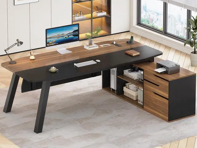 Main image of 71" Executive Desk with File Cabinet, Large Office Desk with Drawers and Shelves, L Shaped Computer Desk with Power Outlets, Business Furniture Desk Workstation for Home Office, Walnut