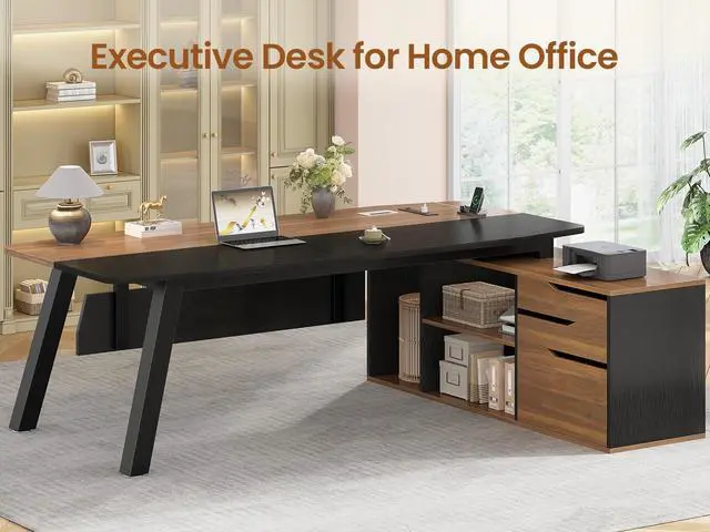 Alt view image 4 of 6 - 71" Executive Desk with File Cabinet, Large Office Desk with Drawers and Shelves, L Shaped Computer Desk with Power Outlets, Business Furniture Desk Workstation for Home Office, Walnut