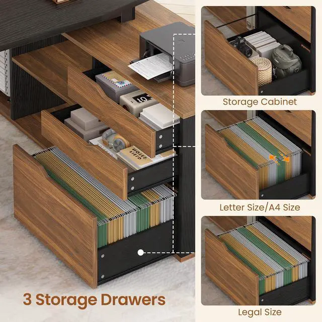 Alt view image 5 of 6 - 71" Executive Desk with File Cabinet, Large Office Desk with Drawers and Shelves, L Shaped Computer Desk with Power Outlets, Business Furniture Desk Workstation for Home Office, Walnut