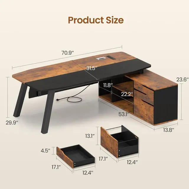 Alt view image 2 of 6 - 71" Executive Desk with File Cabinet, Large Office Desk with Drawers and Shelves, L Shaped Computer Desk with Power Outlets, Business Furniture Desk Workstation for Home Office, Brown