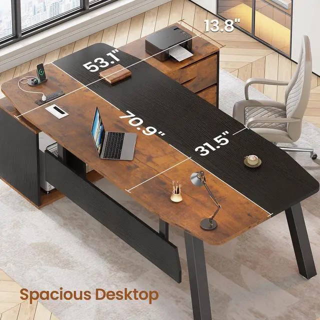 Alt view image 3 of 6 - 71" Executive Desk with File Cabinet, Large Office Desk with Drawers and Shelves, L Shaped Computer Desk with Power Outlets, Business Furniture Desk Workstation for Home Office, Brown