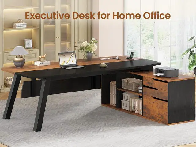 Alt view image 4 of 6 - 71" Executive Desk with File Cabinet, Large Office Desk with Drawers and Shelves, L Shaped Computer Desk with Power Outlets, Business Furniture Desk Workstation for Home Office, Brown