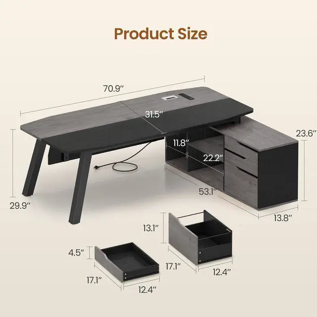 Alt view image 2 of 6 - 71" Executive Desk with File Cabinet, Large Office Desk with Drawers and Shelves, L Shaped Computer Desk with Power Outlets, Business Furniture Desk Workstation for Home Office, Gray
