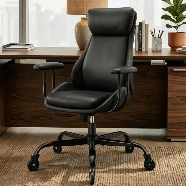 Main image of Office Chair, Leather Desk Chair with Rubber Wheels, Ergonomic Computer Chair 500 LBS with Lumbar Support, High Back Executive Chair for Modern Home Office, Black | Ergonomic, Rubber Wheels, Lumbar Su