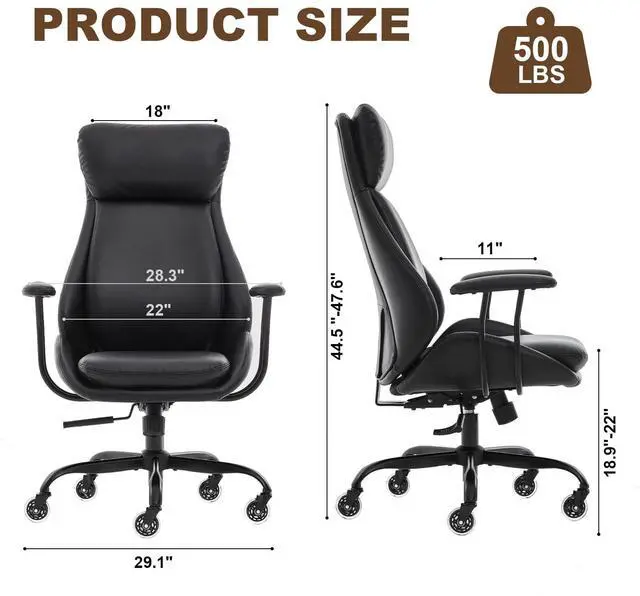 Alt view image 2 of 6 - Office Chair, Leather Desk Chair with Rubber Wheels, Ergonomic Computer Chair 500 LBS with Lumbar Support, High Back Executive Chair for Modern Home Office, Black | Ergonomic, Rubber Wheels, Lumbar Su