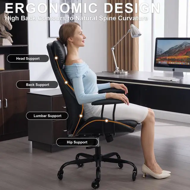 Alt view image 3 of 6 - Office Chair, Leather Desk Chair with Rubber Wheels, Ergonomic Computer Chair 500 LBS with Lumbar Support, High Back Executive Chair for Modern Home Office, Black | Ergonomic, Rubber Wheels, Lumbar Su