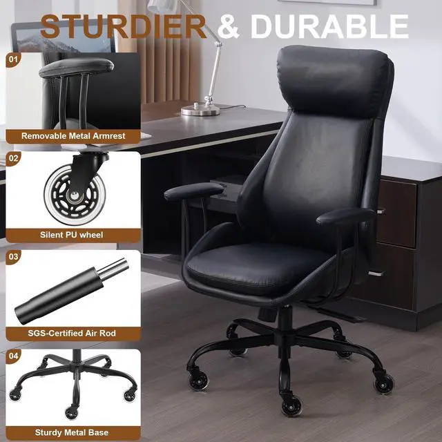 Alt view image 5 of 6 - Office Chair, Leather Desk Chair with Rubber Wheels, Ergonomic Computer Chair 500 LBS with Lumbar Support, High Back Executive Chair for Modern Home Office, Black | Ergonomic, Rubber Wheels, Lumbar Su