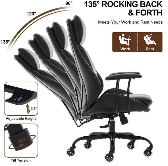 Alt view image 6 of 6 - Office Chair, Leather Desk Chair with Rubber Wheels, Ergonomic Computer Chair 500 LBS with Lumbar Support, High Back Executive Chair for Modern Home Office, Black | Ergonomic, Rubber Wheels, Lumbar Su