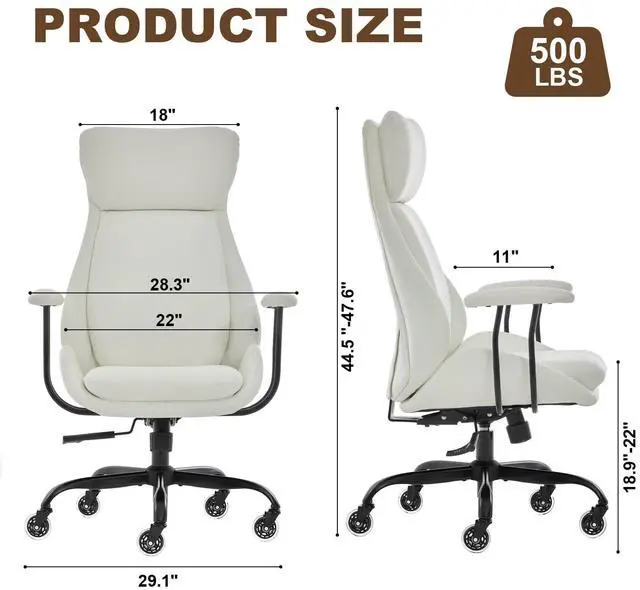 Alt view image 2 of 6 - Office Chair, Leather Desk Chair with Rubber Wheels, Ergonomic Computer Chair 500 LBS with Lumbar Support, High Back Executive Chair for Modern Home Office, White | Ergonomic, Rubber Wheels, Lumbar Su