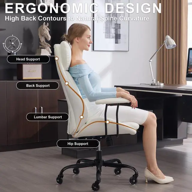 Alt view image 3 of 6 - Office Chair, Leather Desk Chair with Rubber Wheels, Ergonomic Computer Chair 500 LBS with Lumbar Support, High Back Executive Chair for Modern Home Office, White | Ergonomic, Rubber Wheels, Lumbar Su