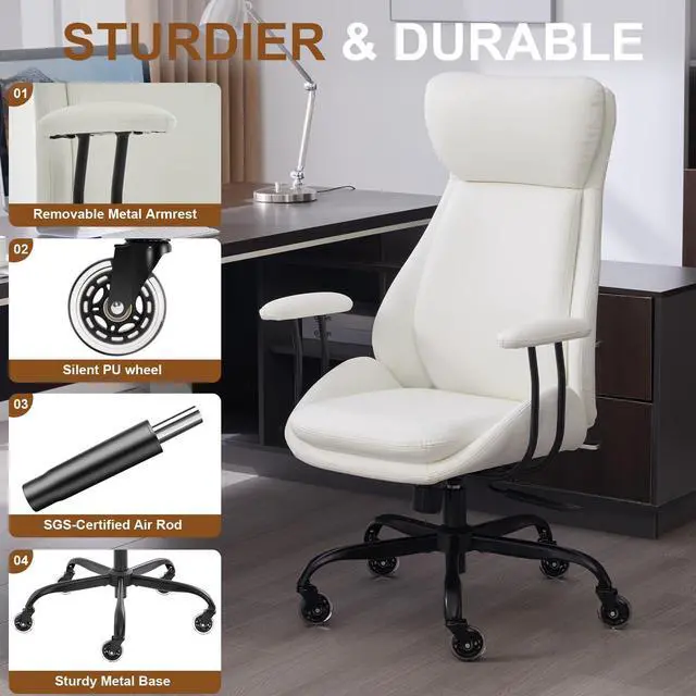 Alt view image 5 of 6 - Office Chair, Leather Desk Chair with Rubber Wheels, Ergonomic Computer Chair 500 LBS with Lumbar Support, High Back Executive Chair for Modern Home Office, White | Ergonomic, Rubber Wheels, Lumbar Su