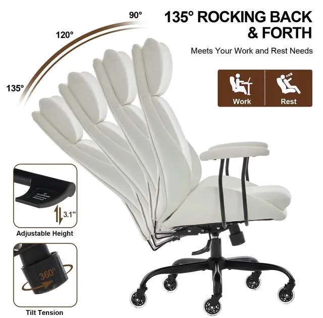 Alt view image 6 of 6 - Office Chair, Leather Desk Chair with Rubber Wheels, Ergonomic Computer Chair 500 LBS with Lumbar Support, High Back Executive Chair for Modern Home Office, White | Ergonomic, Rubber Wheels, Lumbar Su