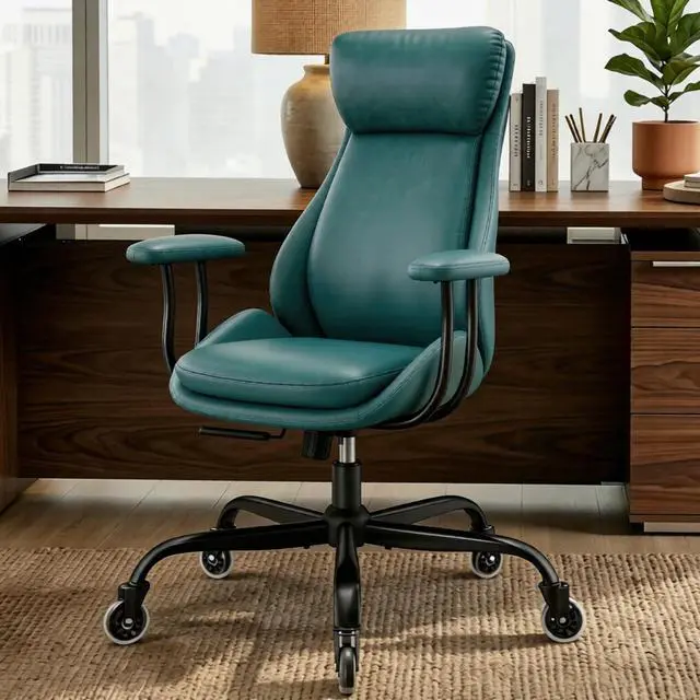 Main image of Office Chair, Leather Desk Chair with Rubber Wheels, Ergonomic Computer Chair 500 LBS with Lumbar Support, High Back Executive Chair for Modern Home Office, Green | Ergonomic, Rubber Wheels, Lumbar Su
