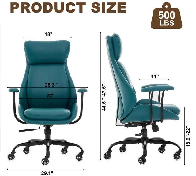 Alt view image 2 of 6 - Office Chair, Leather Desk Chair with Rubber Wheels, Ergonomic Computer Chair 500 LBS with Lumbar Support, High Back Executive Chair for Modern Home Office, Green | Ergonomic, Rubber Wheels, Lumbar Su
