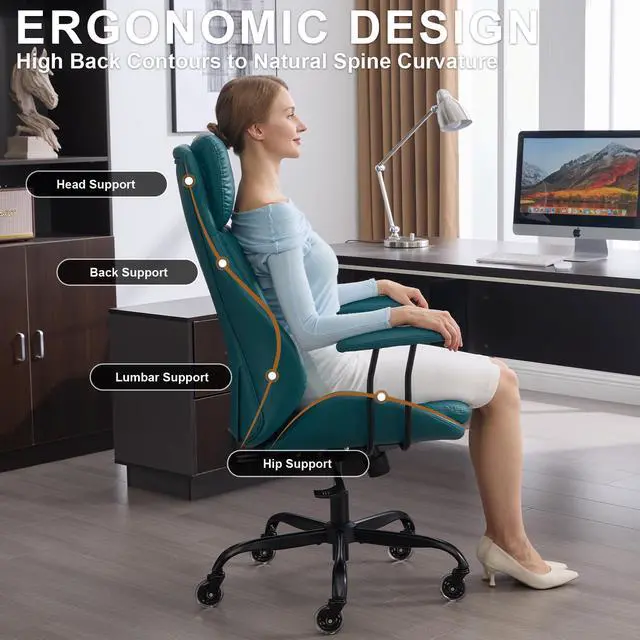 Alt view image 3 of 6 - Office Chair, Leather Desk Chair with Rubber Wheels, Ergonomic Computer Chair 500 LBS with Lumbar Support, High Back Executive Chair for Modern Home Office, Green | Ergonomic, Rubber Wheels, Lumbar Su