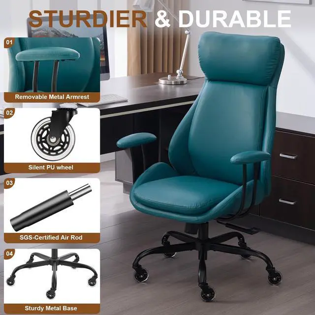 Alt view image 5 of 6 - Office Chair, Leather Desk Chair with Rubber Wheels, Ergonomic Computer Chair 500 LBS with Lumbar Support, High Back Executive Chair for Modern Home Office, Green | Ergonomic, Rubber Wheels, Lumbar Su