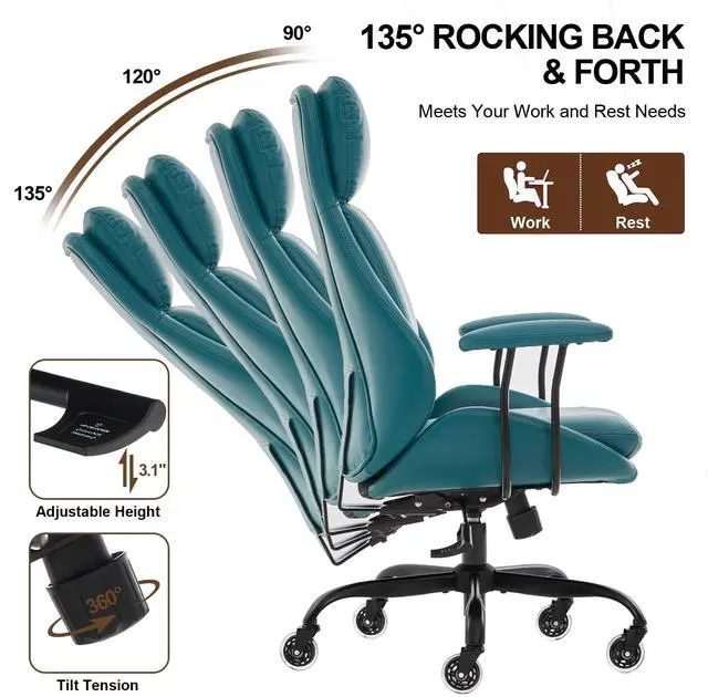 Alt view image 6 of 6 - Office Chair, Leather Desk Chair with Rubber Wheels, Ergonomic Computer Chair 500 LBS with Lumbar Support, High Back Executive Chair for Modern Home Office, Green | Ergonomic, Rubber Wheels, Lumbar Su