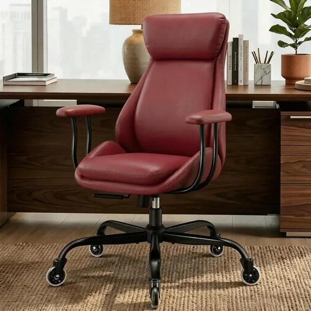 Main image of Office Chair, Leather Desk Chair with Rubber Wheels, Ergonomic Computer Chair 500 LBS with Lumbar Support, High Back Executive Chair for Modern Home Office, Red | Ergonomic, Rubber Wheels, Lumbar Supp