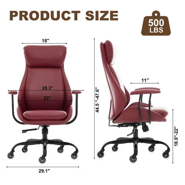 Alt view image 2 of 6 - Office Chair, Leather Desk Chair with Rubber Wheels, Ergonomic Computer Chair 500 LBS with Lumbar Support, High Back Executive Chair for Modern Home Office, Red | Ergonomic, Rubber Wheels, Lumbar Supp