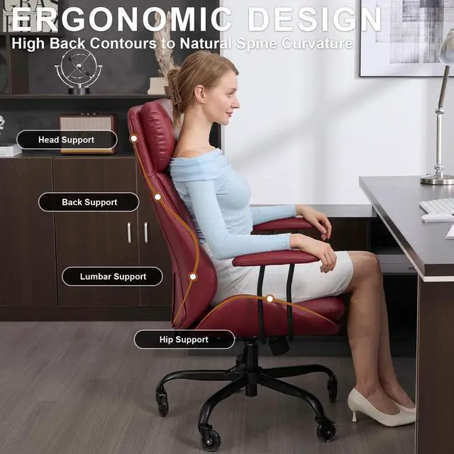 Alt view image 3 of 6 - Office Chair, Leather Desk Chair with Rubber Wheels, Ergonomic Computer Chair 500 LBS with Lumbar Support, High Back Executive Chair for Modern Home Office, Red | Ergonomic, Rubber Wheels, Lumbar Supp