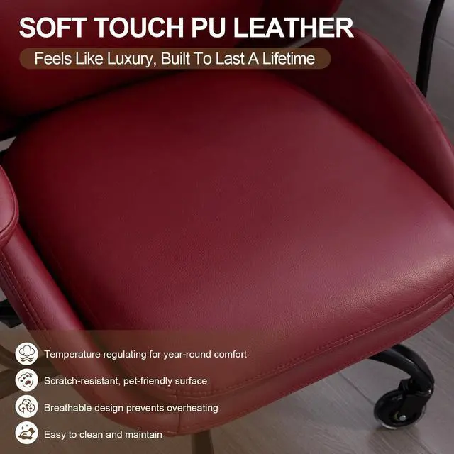 Alt view image 5 of 6 - Office Chair, Leather Desk Chair with Rubber Wheels, Ergonomic Computer Chair 500 LBS with Lumbar Support, High Back Executive Chair for Modern Home Office, Red | Ergonomic, Rubber Wheels, Lumbar Supp