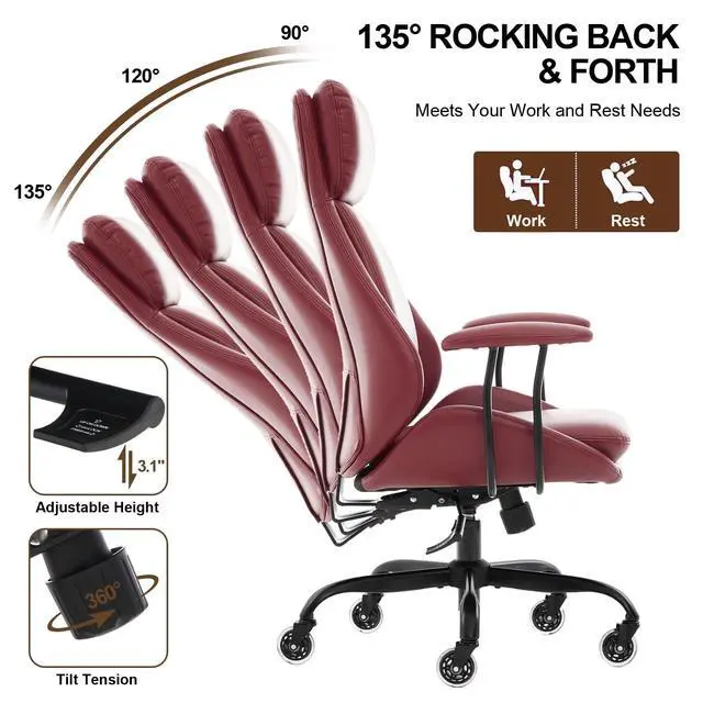 Alt view image 6 of 6 - Office Chair, Leather Desk Chair with Rubber Wheels, Ergonomic Computer Chair 500 LBS with Lumbar Support, High Back Executive Chair for Modern Home Office, Red | Ergonomic, Rubber Wheels, Lumbar Supp