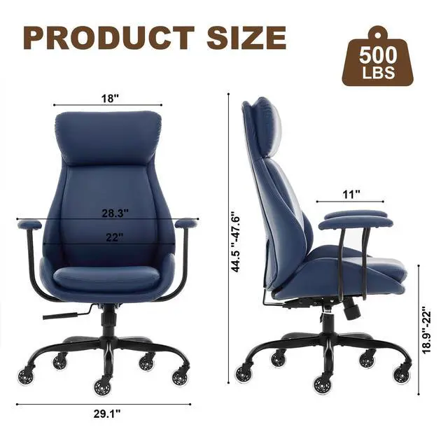Alt view image 2 of 6 - Office Chair, Leather Desk Chair with Rubber Wheels, Ergonomic Computer Chair 500 LBS with Lumbar Support, High Back Executive Chair for Modern Home Office, Blue | Ergonomic, Rubber Wheels, Lumbar Sup