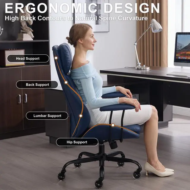 Alt view image 3 of 6 - Office Chair, Leather Desk Chair with Rubber Wheels, Ergonomic Computer Chair 500 LBS with Lumbar Support, High Back Executive Chair for Modern Home Office, Blue | Ergonomic, Rubber Wheels, Lumbar Sup