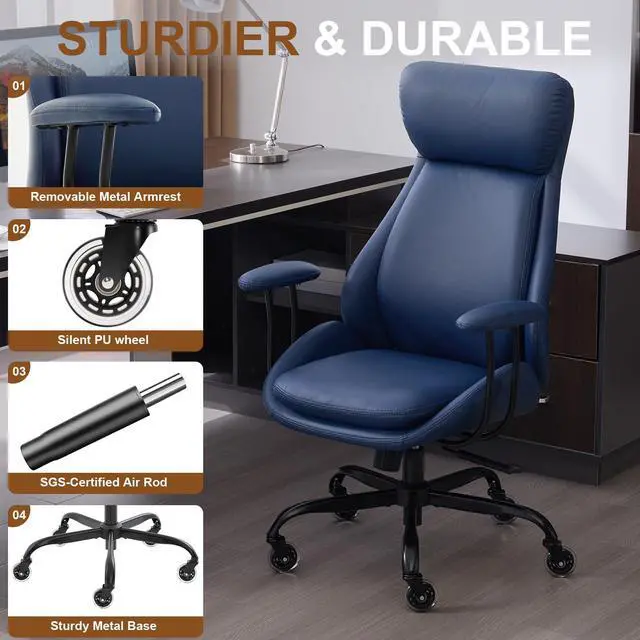 Alt view image 5 of 6 - Office Chair, Leather Desk Chair with Rubber Wheels, Ergonomic Computer Chair 500 LBS with Lumbar Support, High Back Executive Chair for Modern Home Office, Blue | Ergonomic, Rubber Wheels, Lumbar Sup