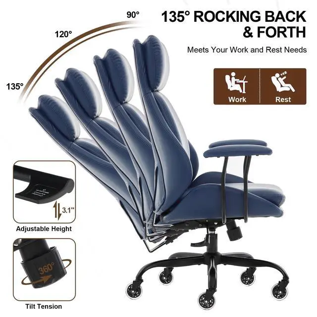 Alt view image 6 of 6 - Office Chair, Leather Desk Chair with Rubber Wheels, Ergonomic Computer Chair 500 LBS with Lumbar Support, High Back Executive Chair for Modern Home Office, Blue | Ergonomic, Rubber Wheels, Lumbar Sup