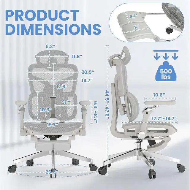 Alt view image 2 of 6 - Ergonomic Office Chair with Footrest, Big and Tall Desk Chair with Lumbar Support, High Back Home Desk Chair for Long Desk Work, Swivel Rolling Computer Seating with 6D Armrest for Home Office