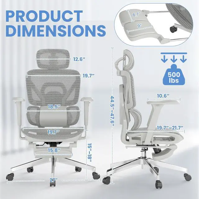 Alt view image 2 of 6 - Ergonomic Office Chair with Footrest, Big and Tall Desk Chair with Lumbar Support, High Back Home Desk Chair for Long Desk Work, Swivel Rolling Computer Seating with 4D Armrest for Home Office