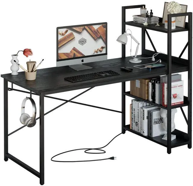 Main image of Computer Desk 55" with Power Outlet and Storage Shelves, Study Writing Table with USB Ports Charging Station, PC Desk Workstation for Home Office, Black