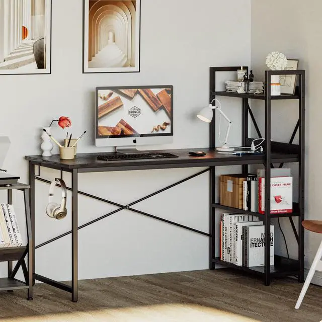 Alt view image 2 of 6 - Computer Desk 55" with Power Outlet and Storage Shelves, Study Writing Table with USB Ports Charging Station, PC Desk Workstation for Home Office, Black