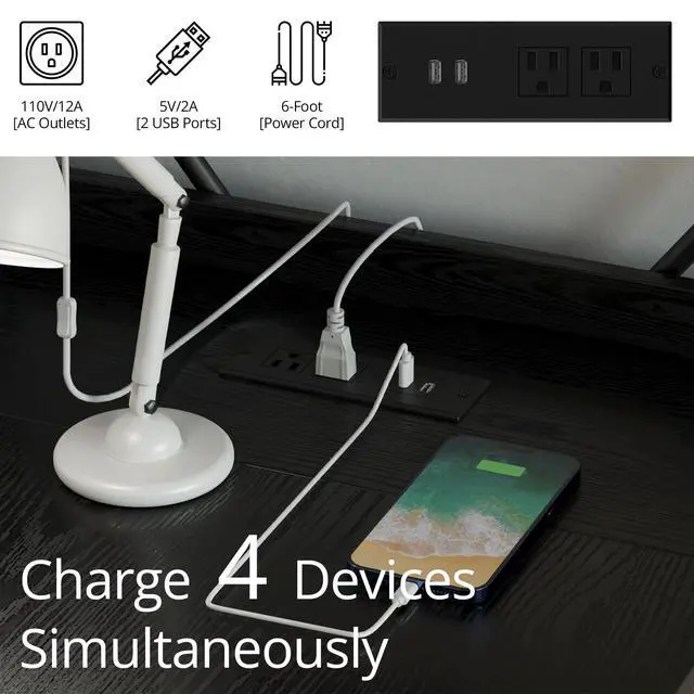 Alt view image 4 of 6 - Computer Desk 55" with Power Outlet and Storage Shelves, Study Writing Table with USB Ports Charging Station, PC Desk Workstation for Home Office, Black
