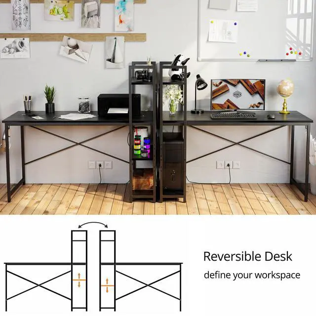 Alt view image 5 of 6 - Computer Desk 55" with Power Outlet and Storage Shelves, Study Writing Table with USB Ports Charging Station, PC Desk Workstation for Home Office, Black