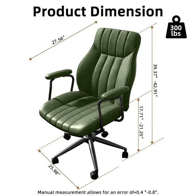 Alt view image 2 of 6 - Green Leather Office Chair, Mid Century Home Office Desk Chair | Ergonomic Curve Design, Removable Padded Arms, Height Adjustable Swivel Seat & Smooth Wheels, Vintage Mid-Back Computer Chair
