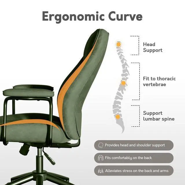 Alt view image 3 of 6 - Green Leather Office Chair, Mid Century Home Office Desk Chair | Ergonomic Curve Design, Removable Padded Arms, Height Adjustable Swivel Seat & Smooth Wheels, Vintage Mid-Back Computer Chair