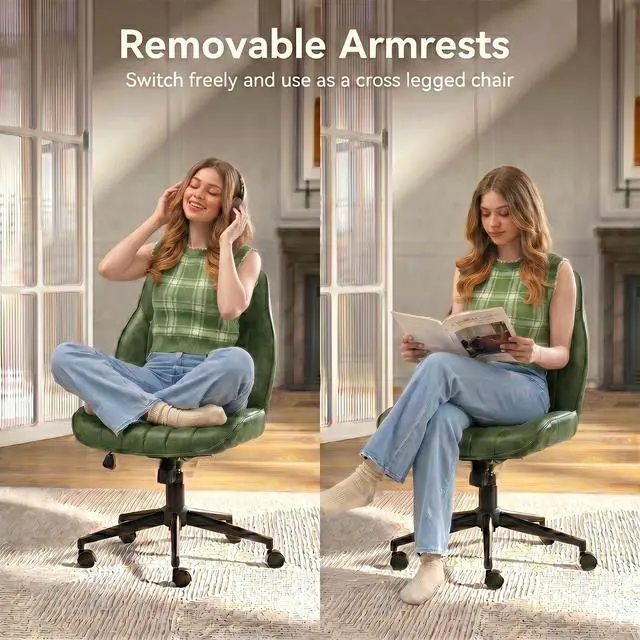 Alt view image 4 of 6 - Green Leather Office Chair, Mid Century Home Office Desk Chair | Ergonomic Curve Design, Removable Padded Arms, Height Adjustable Swivel Seat & Smooth Wheels, Vintage Mid-Back Computer Chair