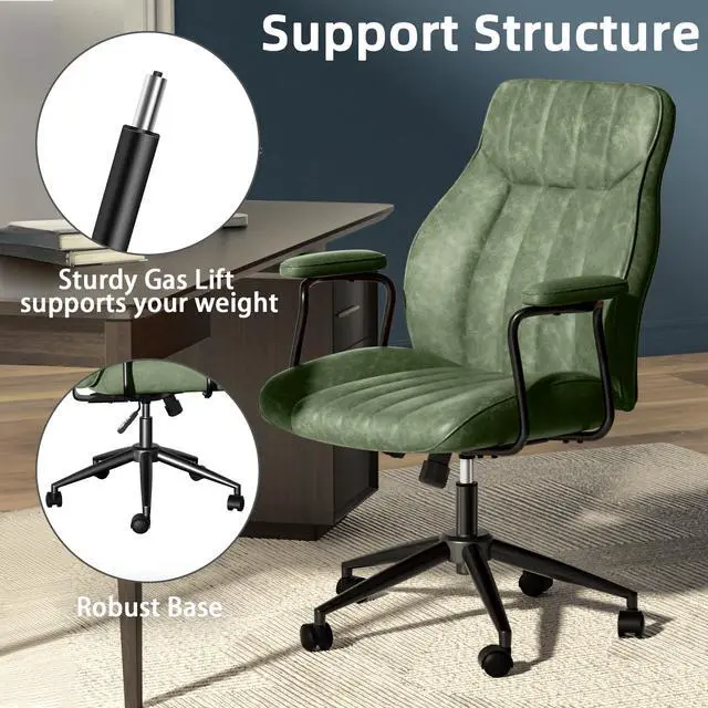 Alt view image 5 of 6 - Green Leather Office Chair, Mid Century Home Office Desk Chair | Ergonomic Curve Design, Removable Padded Arms, Height Adjustable Swivel Seat & Smooth Wheels, Vintage Mid-Back Computer Chair