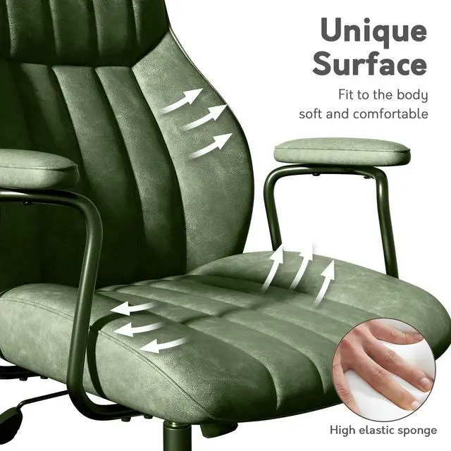 Alt view image 6 of 6 - Green Leather Office Chair, Mid Century Home Office Desk Chair | Ergonomic Curve Design, Removable Padded Arms, Height Adjustable Swivel Seat & Smooth Wheels, Vintage Mid-Back Computer Chair