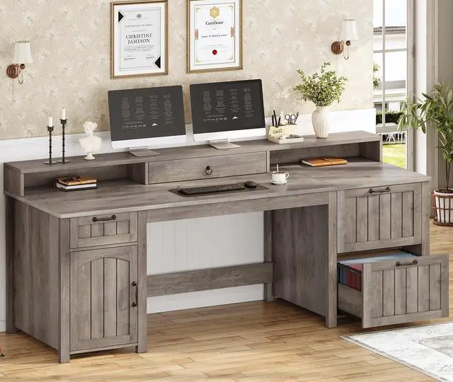 Main image of Farmhouse 63" Executive Desk, Wood Computer Desk with Drawers and Storage Cabinet, Home Office Desk with File Drawer and Monitor Stand, Wood Desk for Work Study Writing, Grey